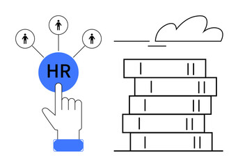 Hand interacting with HR button connected to people icons, next to server stack under cloud. Ideal for HR systems, recruitment, networking, data storage, digital tools, cloud solutions, teamwork