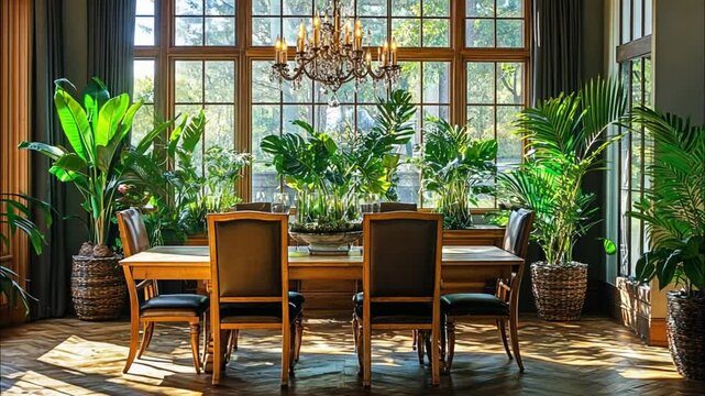 Dining room with wooden table, chairs, chandelier, plants, and large window with natural light