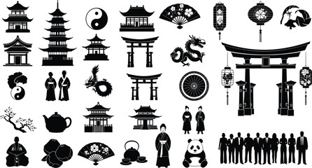 Asian Culture Silhouettes, Traditional Icons Collection