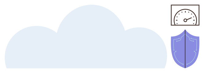 Large cloud with a speedometer and shield. Represents secure and efficient cloud services. Ideal for technology, data security, IT infrastructure, performance, cloud storage, cybersecurity, digital