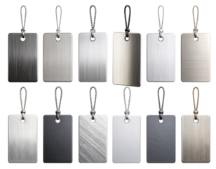 Set of Brushed Metal Blank Tags in Silver and Gray, isolated on transparent background