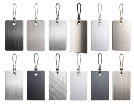 Set of Brushed Metal Blank Tags in Silver and Gray, isolated on transparent background