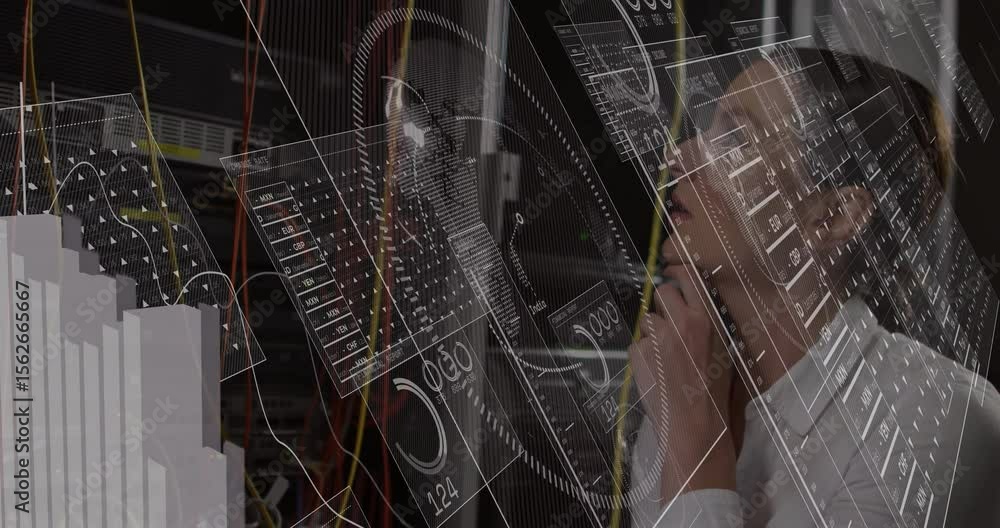 Poster it technician examining data overlay then connecting yellow ethernet cable for network stability