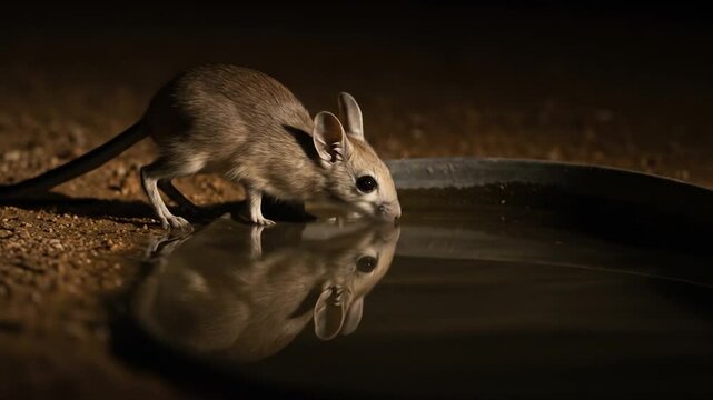 Kangaroo Rat Drinks Water, Reflection in Dark, Desert Wildlife, Nature Close-Up