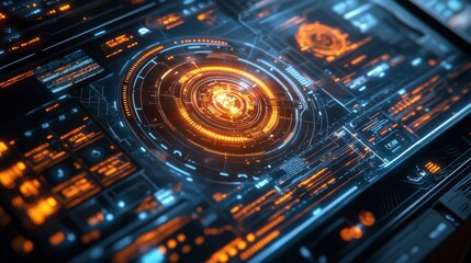 Futuristic User Interface Design with Circular Patterns and Glow Effects