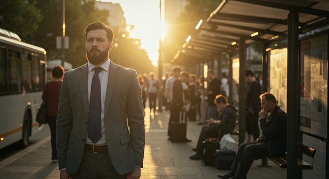 A businessman stands thoughtfully at a city bus stop, bathed in the warm glow of the setting sun, contemplating his day.