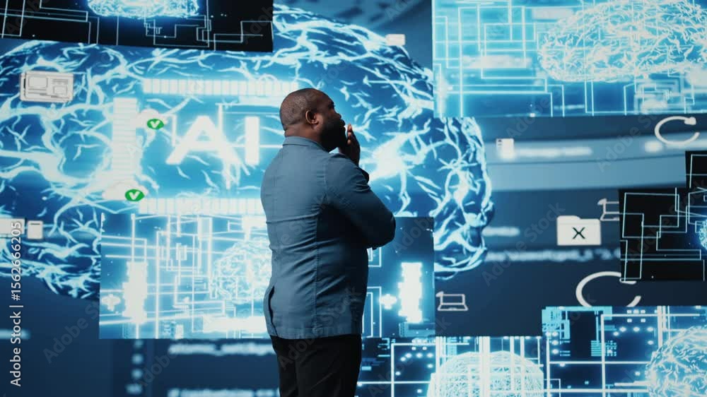 Poster african american businessman studying digital ai brain interface, symbolizing neural networks, data 