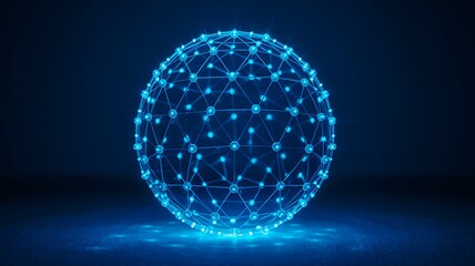 Glowing neon blue sphere represents technology and connection in a dark abstract design created using artificial intelligence.