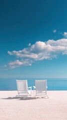 Photograph of two white chairs on the beach with a blue sky and calm sea in the background, peaceful and relaxing scene, perfect for summer vacation photos or travel, minimalist beach setting