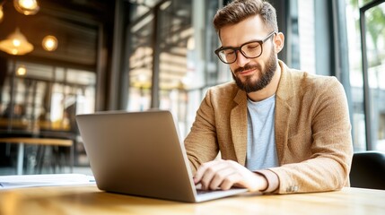 Young Man Working on Laptop in Modern Café Setting
