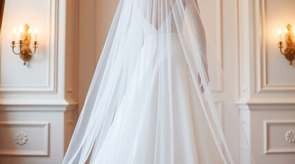 White bridal gown with delicate lace details and a flowing veil.