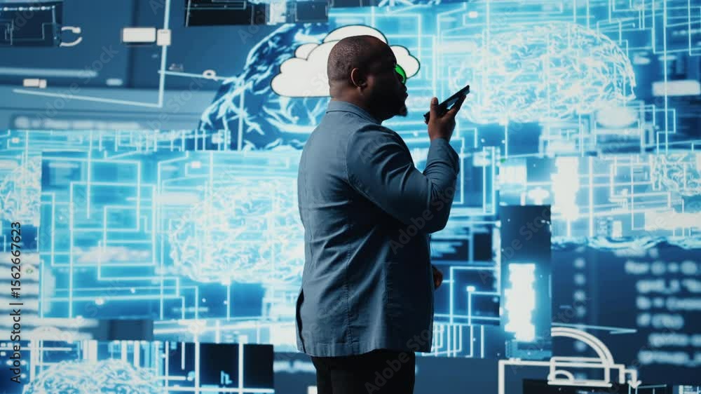 Poster african american it specialist calling a technician on his smartphone, talking about automation via 