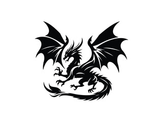 Mythical flying dragon. Black vector creature silhouette. Illustration of a mythical dragon soaring through the sky, perfect for fantasy and medieval-themed designs.
