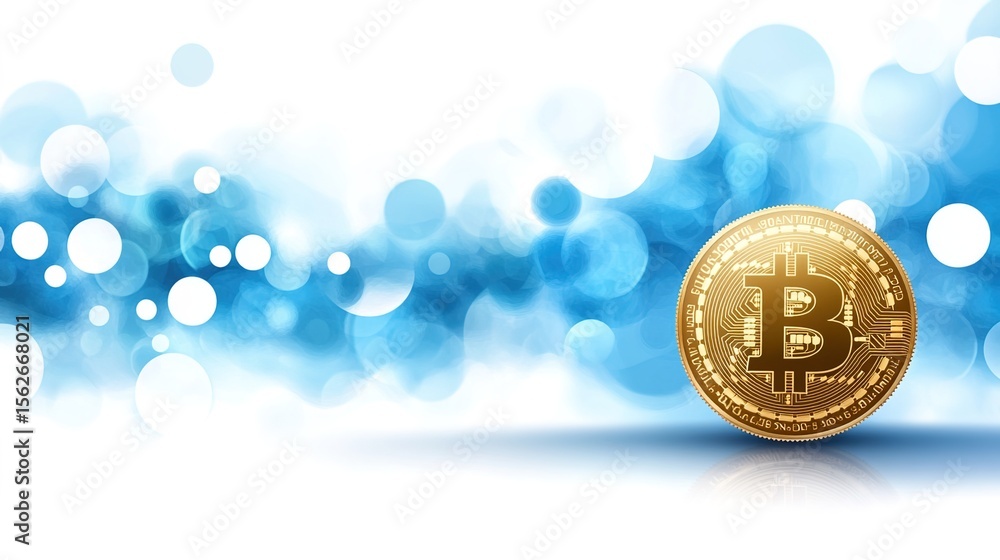 Poster golden bitcoin coin with abstract blue background bokeh effect