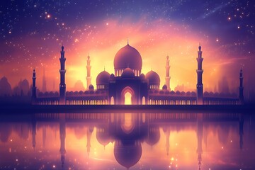 Naklejka premium Majestic Mosque at Sunset Reflected in Still Water