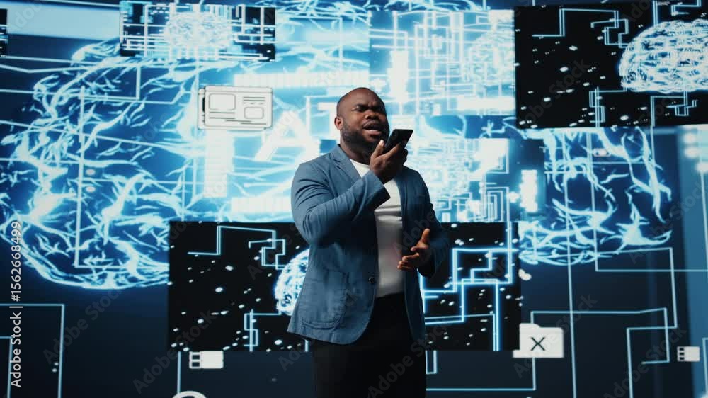 Poster young black businessman having a conversation on phone call, sharing insight on artificial intellige