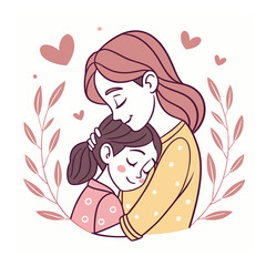 Loving Mother and Daughter Hugging Illustration, Family Love, Parenthood, Happy Relationship
