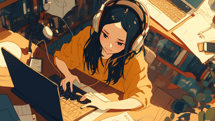 カフェやオフィスでノートパソコンを使って働く女性のイラスト素材｜テレワーク・リモートワーク・在宅勤務・フリーランス・ビジネスウーマン・集中して作業するシーンに使える抽象的な女性人物画