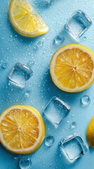 lemon slices cut in half with ice cubes on the side, water droplets, light blue background, orange color palette