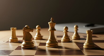 Strategic Chess Game Setup: Wooden Pieces on Classic Board, Illuminated by Dramatic Light