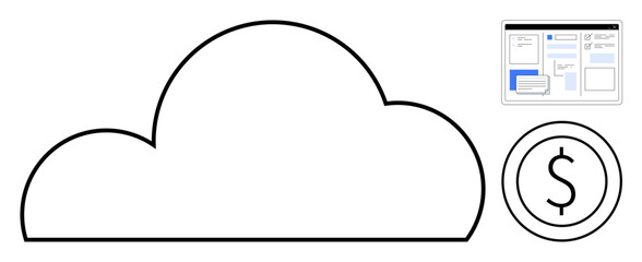 Cloud outline with monetary icon and interface window suggesting finance, data management, computing. Ideal for technology, finance, budgeting, SaaS, analytics investment IT support themes. Simple
