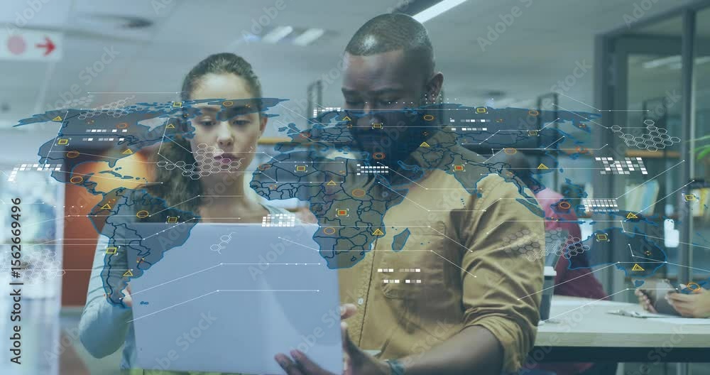 Poster coworkers pointing at document after map overlay fading in and showing business data insights