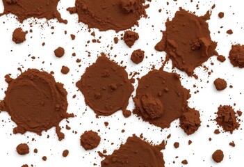 Close-up of several isolated mud splatters on white background, varying in size and texture,  texture,  rural