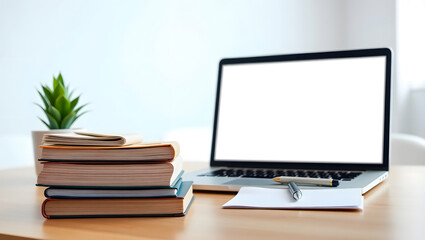 Fototapeta premium Laptop with Blank Screen, Books, and Stationery on Desk Education and Remote Work Concept