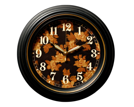 Black wall clock with gold floral pattern face round shape decorative elegant vintage style isolated on transparency background home decor classic ornate stylish accent