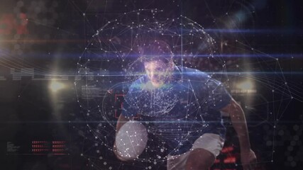 Male athlete holding ball and initiating holographic globe in studio space for performance analysis - Powered by Adobe