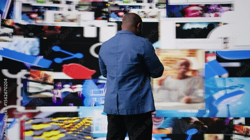 Poster young black professional explores a tech driven environment with visual data, content feeds and appl