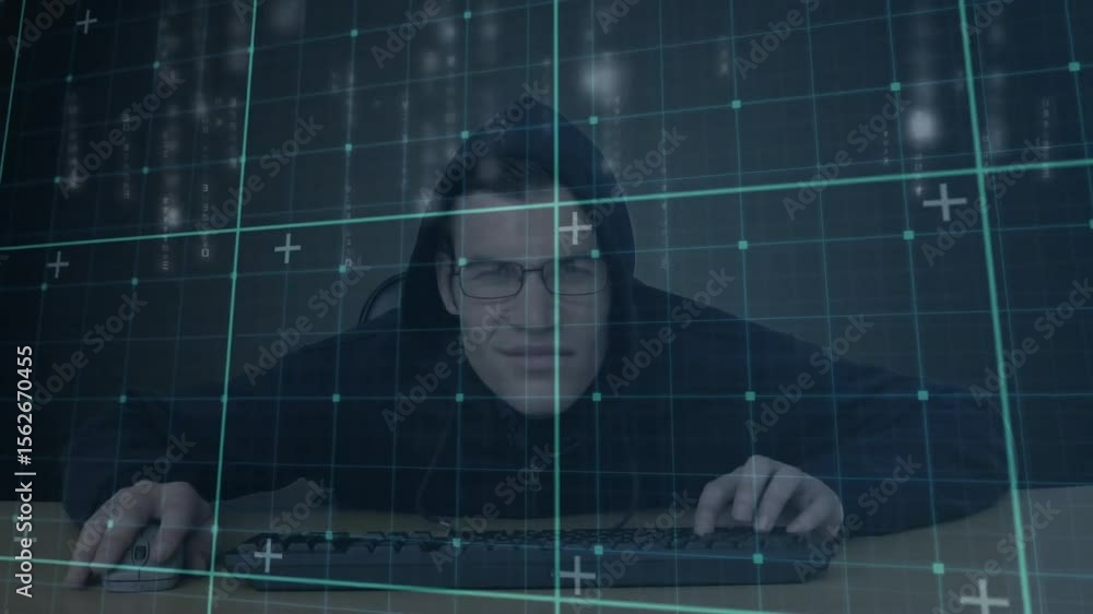 Aufkleber hacker moving mouse to keyboard initiating grid and code matrix on dim desk for programming task
