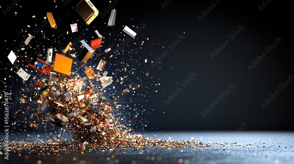 Poster colorful explosion of digital devices and objects in dramatic scene