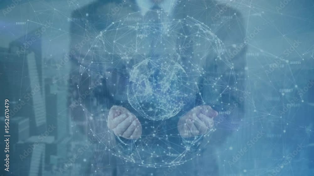Poster executive guiding drifting network converging into rotating globe showing connectivity over skyline