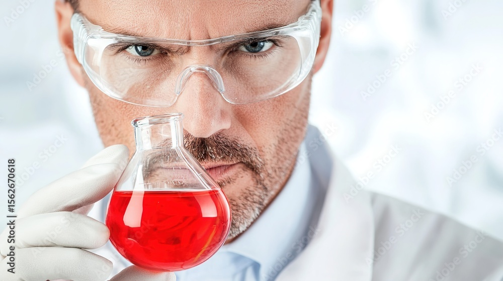 Poster serious scientist conducting experiment with red liquid in flask