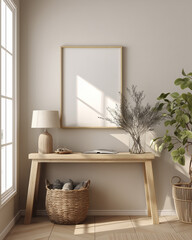 mockup frame above wooden console table, minimalist Scandinavian interior, soft natural lighting, wicker basket with plant, modern lamp, neutral tones, sunlight casting shadows, high realism