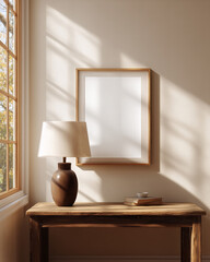 mockup frame above wooden console table, minimalist Scandinavian interior, soft natural lighting, wicker basket with plant, modern lamp, neutral tones, sunlight casting shadows, high realism