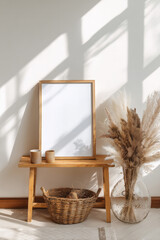 mockup frame above wooden console table, minimalist Scandinavian interior, soft natural lighting, wicker basket with plant, modern lamp, neutral tones, sunlight casting shadows, high realism