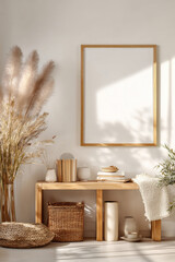 mockup frame above wooden console table, minimalist Scandinavian interior, soft natural lighting, wicker basket with plant, modern lamp, neutral tones, sunlight casting shadows, high realism