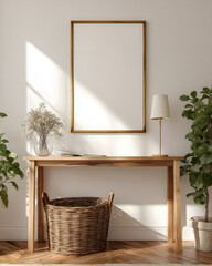 mockup frame above wooden console table, minimalist Scandinavian interior, soft natural lighting, wicker basket with plant, modern lamp, neutral tones, sunlight casting shadows, high realism