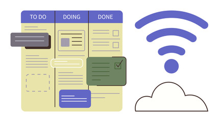 Kanban board organized in To Do, Doing, Done columns with task notes, cloud and wireless icon. Ideal for productivity, workflow, teamwork, automation, connectivity cloud storage simple flat © robu_s