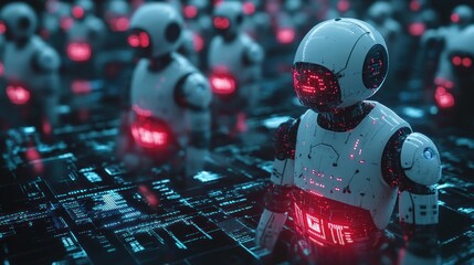 futuristic automaton convergence symbolizing robotic advancement and technological congregation amidst a landscape of digital circuitry reflecting ai dominance and intelligent machines