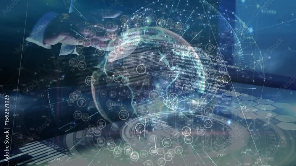 Poster entering hands holding 3d globe, rotating globe revealing nodes, activating scan for visualization