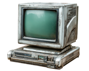 Old computer monitor with retro design, vintage technology, and weathered surface, isolated on transparency background, evokes nostalgia and classic computing era