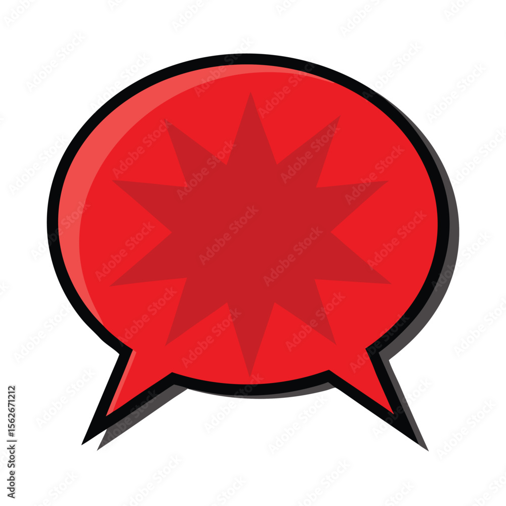 Poster sharp red speech bubble icon with pointed tail for communication and messaging