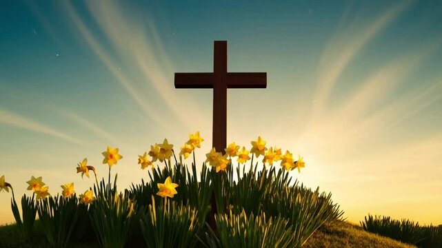 wooden cross on a hill at sunrise with daffodils zoom out