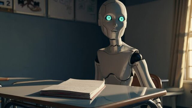 Robot blanc assis seul &agrave; un pupitre d&rsquo;&eacute;cole