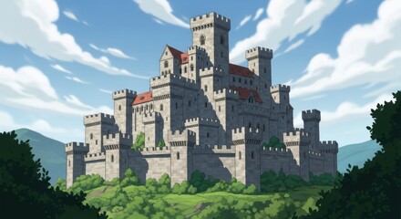 Naklejka premium Majestic Medieval Castle on a Lush Green Hill Under a Sunny Sky