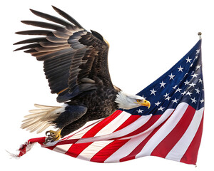 Naklejka premium Bald eagle soaring with american flag in flight against a clear white background in a patriotic display