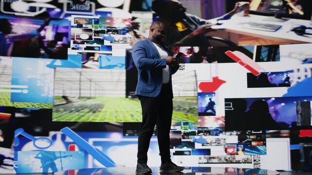 African American person engaged with mobile technology and multimedia feeds, showcasing the evolution of digital presence, communication and app interaction. Modern user interface. Camera A.